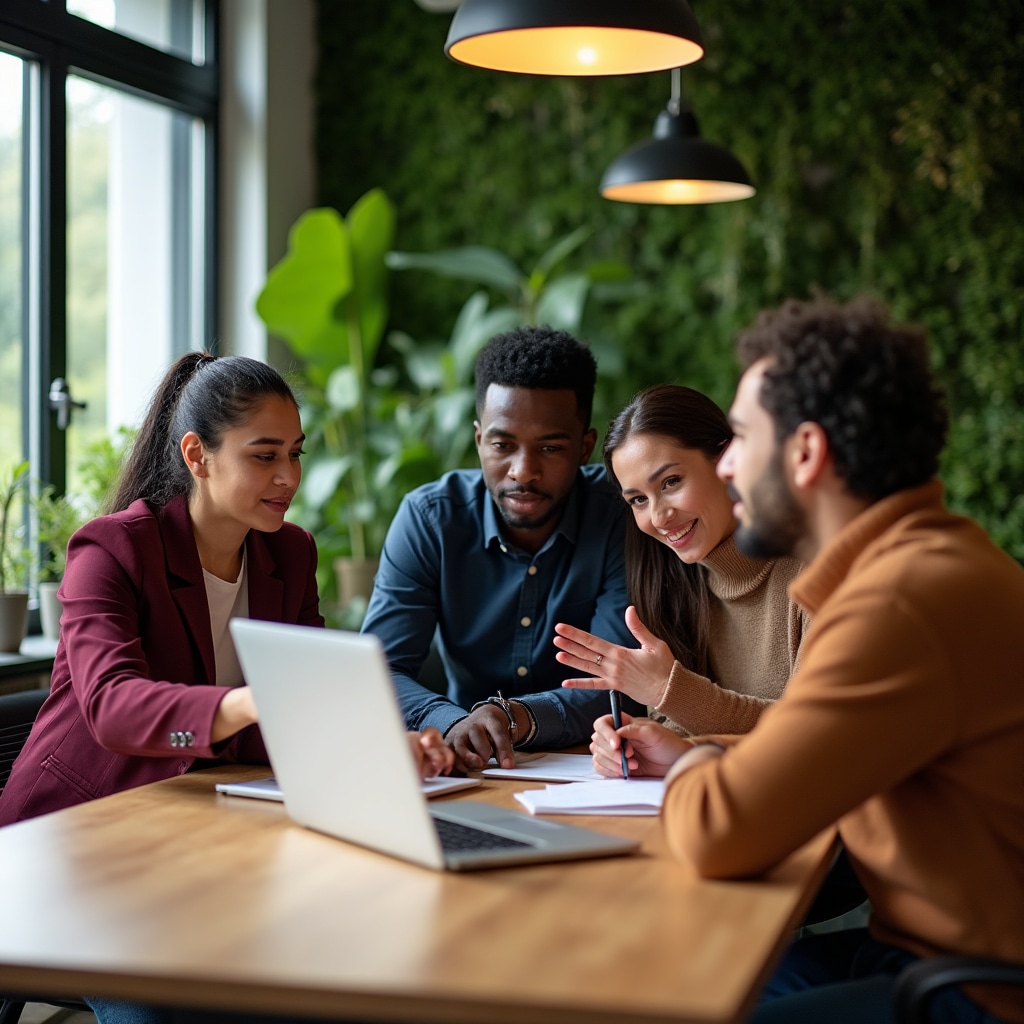 Diverse team working together in modern Austrian office environment