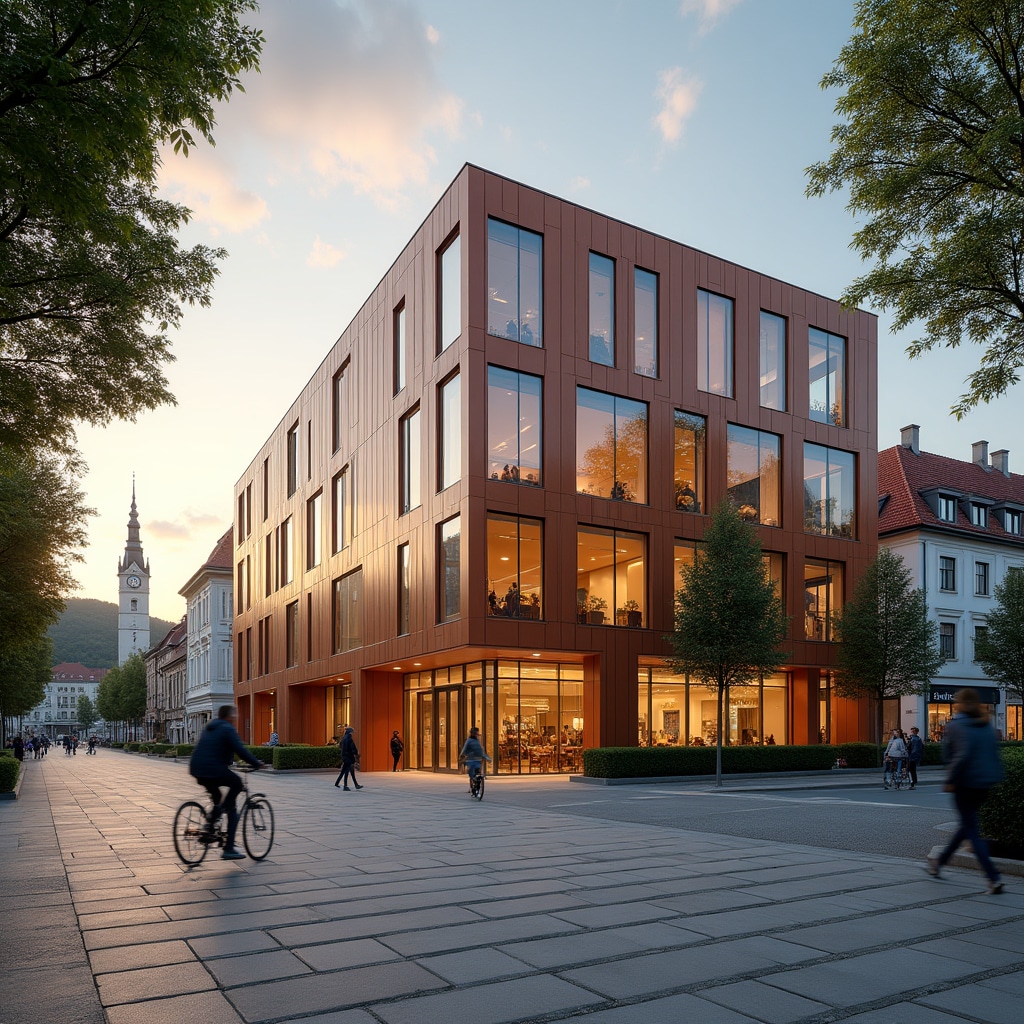 Modern office building in Graz city center with mountain backdrop