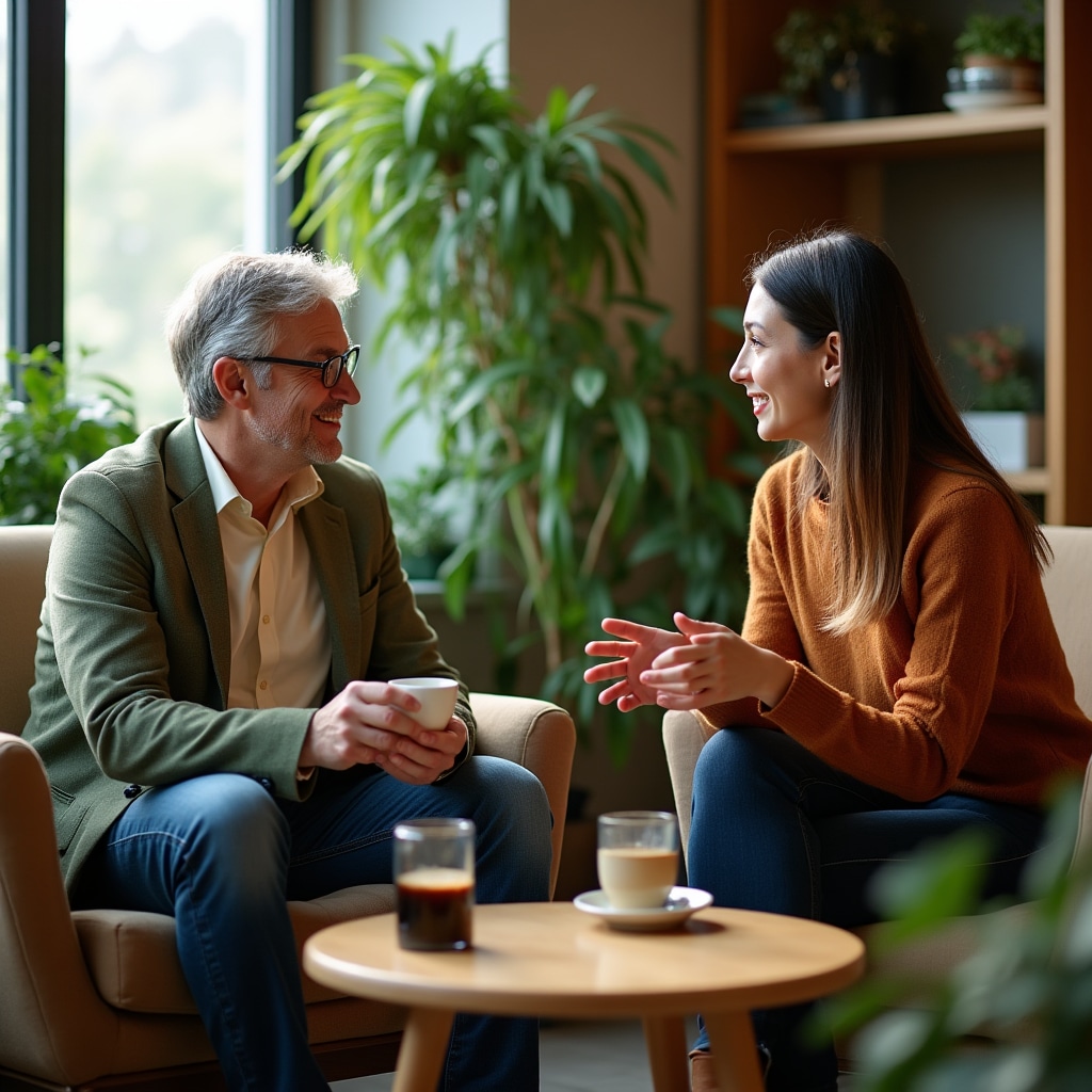 Experienced mentor having supportive conversation with international employee